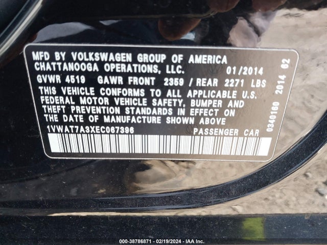 Volkswagen Passat 1.8t Wolfsburg Edition 2014 1VWAT7A3XEC067396 Image 9