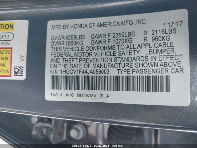 Honda ACCORD EX 2018 1HGCV1F44JA056003 Image 9