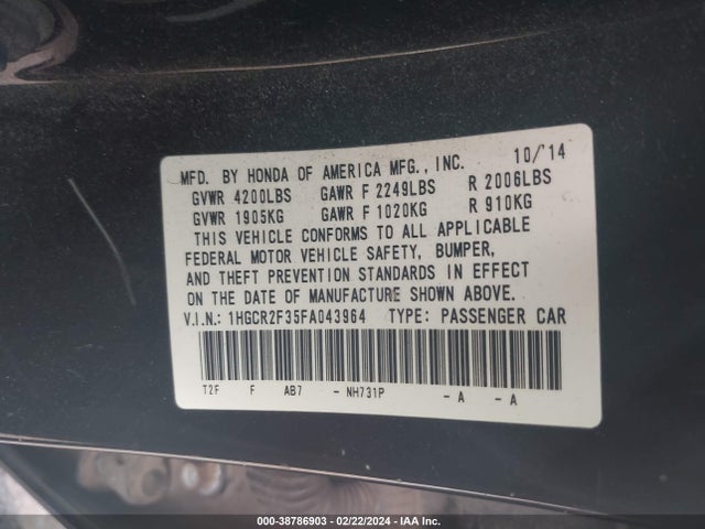 Honda ACCORD LX 2015 1HGCR2F35FA043964 Image 9