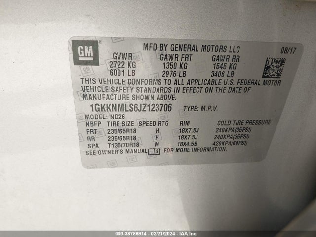 GMC Acadia Slt-1 2018 1GKKNMLS6JZ123706 Image 9