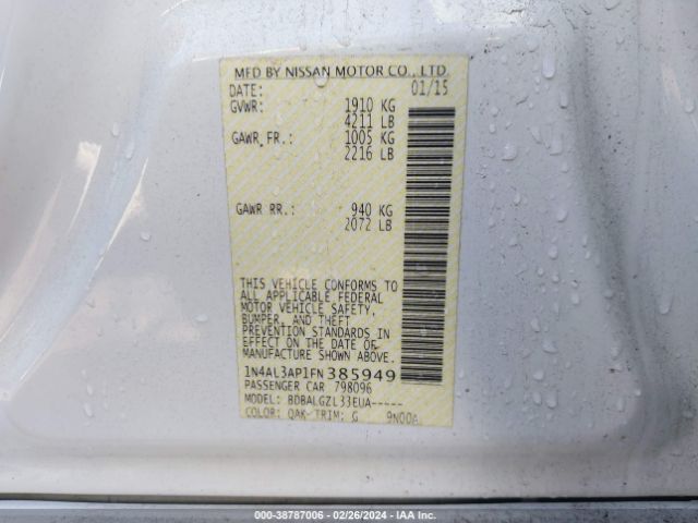 1N4AL3AP1FN385949 Nissan Altima 2.5/2.5 S/2.5 Sl/2.5 Sv