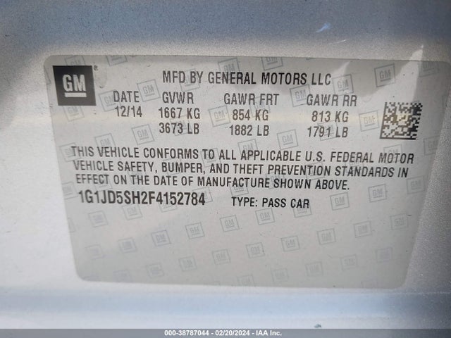 1G1JD5SH2F4152784 Chevrolet Sonic Lt Manual