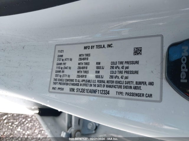 5YJ3E1EA8NF112334 Tesla Model 3 Rear-wheel Drive