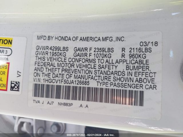 1HGCV1F50JA126685 Honda Accord Ex-l