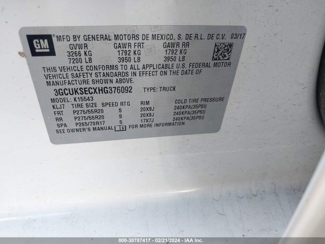 Chevrolet Silverado 1500 2lz 2017 3GCUKSECXHG376092 Image 9
