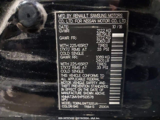 38787430 :رقم المزاد ، KNMAT2MV1HP513578 vin ، 2017 Nissan Rogue Sv مزاد بيع