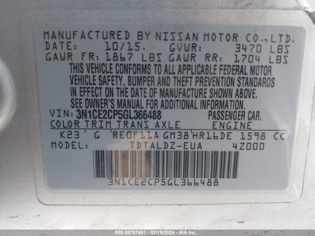 Nissan Versa Note S (sr)/s Plus/sl/sr/sv 2016 3N1CE2CP5GL366488 Image 9