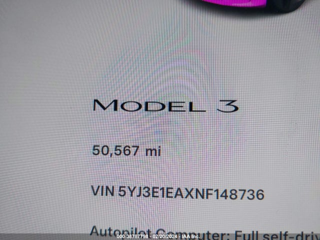 Продаж на аукціоні авто 2022 Tesla Model 3 Rear-wheel Drive, vin: 5YJ3E1EAXNF148736, номер лоту: 38787798