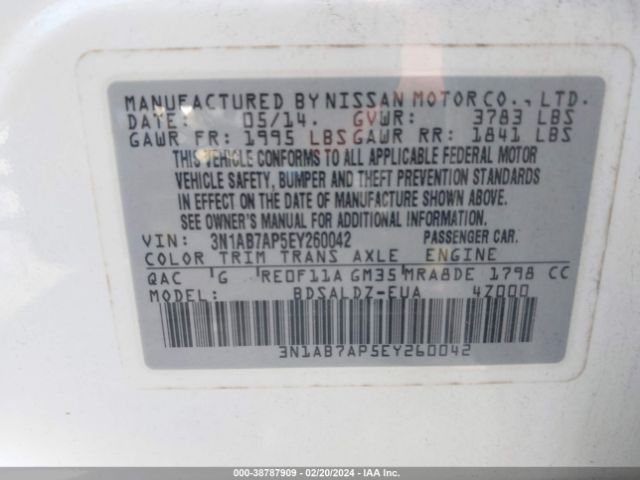 3N1AB7AP5EY260042 Nissan Sentra Fe+ S/fe+ Sv/s/sl/sr/sv