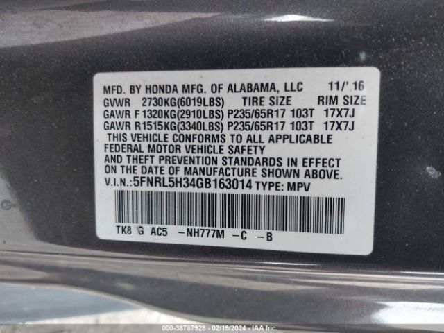 5FNRL5H34GB163014 Honda ODYSSEY SE