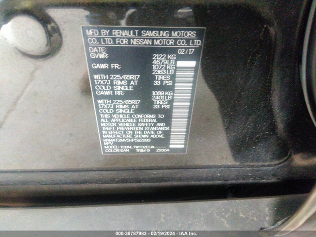 2017 NISSAN ROGUE SV VIN: KNMAT2MV5HP562993