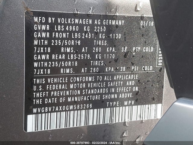 Продажа на аукционе авто 2016 Volkswagen Tiguan Se, vin: WVGBV7AX0GW583266, номер лота: 38787993
