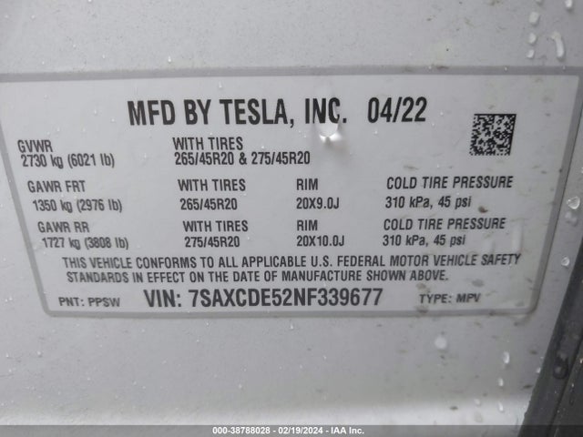 2022 TESLA MODEL X DUAL MOTOR ALL-WHEEL DRIVE/PLAID TRI MOTOR ALL-WHEEL DRIVE VIN: 7SAXCDE52NF339677