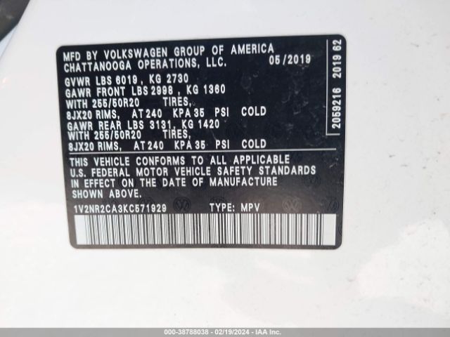 1V2NR2CA3KC571929 Volkswagen Atlas 3.6l V6 Sel Premium