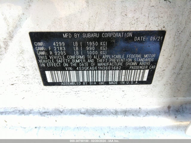 Subaru Impreza Base 2022 4S3GKAB61N3601682 Image 9