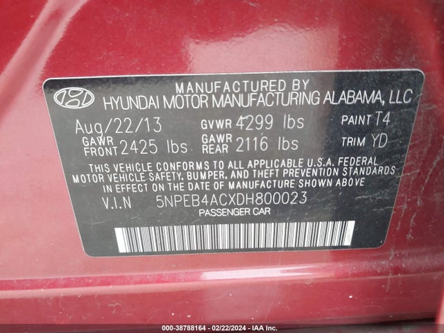 38788164 :رقم المزاد ، 5NPEB4ACXDH800023 vin ، 2013 Hyundai Sonata Gls مزاد بيع