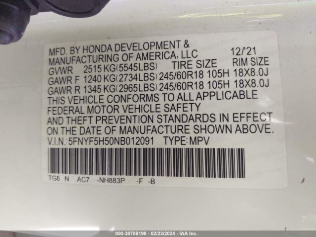 5FNYF5H50NB012091 Honda Pilot 2wd Ex-l