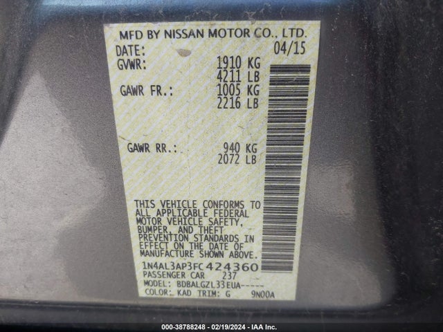 2015 NISSAN ALTIMA 2.5/2.5 S/2.5 SL/2.5 SV VIN: 1N4AL3AP3FC424360