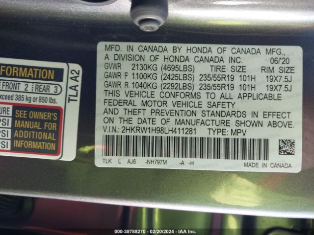 2HKRW1H98LH411281 Honda Cr-v 2wd Touring