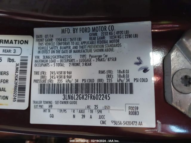3LN6L2GK2FR602245 Lincoln MKZ