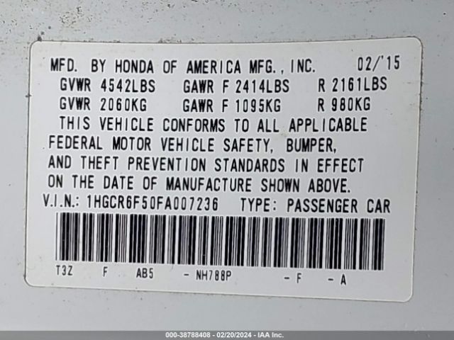 1HGCR6F50FA007236 Honda Accord Hybrid Ex-l