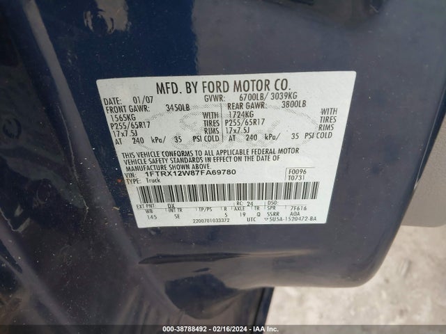 2007 FORD F-150 STX/XL/XLT VIN: 1FTRX12W87FA69780