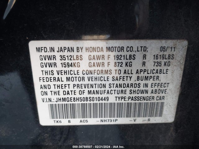 2011 HONDA FIT SPORT VIN: JHMGE8H50BS010449