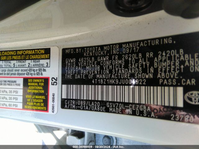 4T1BZ1HK9JU004922 Toyota Camry Xle V6
