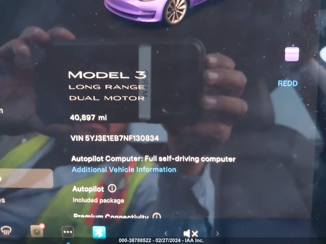 5YJ3E1EB7NF130834 Tesla Model 3 Long Range Dual Motor All-wheel Drive