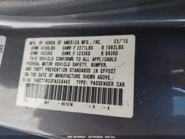 Honda Accord Lx-s 2015 1HGCT1B33FA008440 Image 9