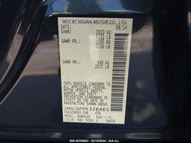 Nissan Altima 2.5 S 2015 1N4AL3AP3FN326465 Image 9