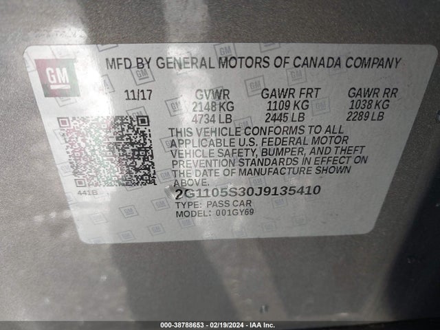 Chevrolet IMPALA 1LT 2018 2G1105S30J9135410 Image 9