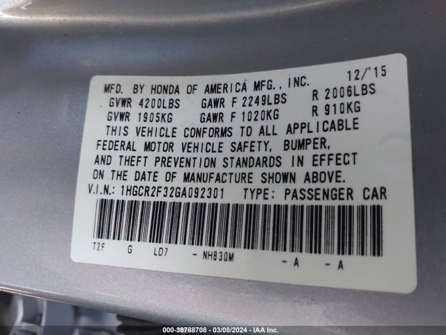 Honda ACCORD LX 2016 1HGCR2F32GA092301 Image 9