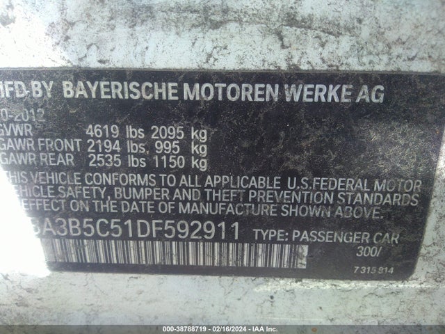 2013 BMW 328I XDRIVE VIN: WBA3B5C51DF592911