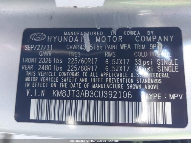 2012 Hyundai Tucson Gl მანქანა იყიდება აუქციონზე, vin: KM8JT3AB3CU392106, აუქციონის ნომერი: 38788772
