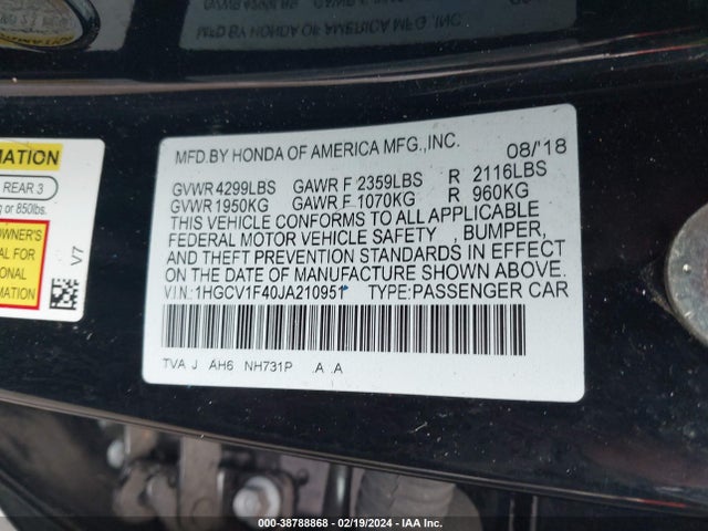 Honda ACCORD EX 2018 1HGCV1F40JA210951 Image 9