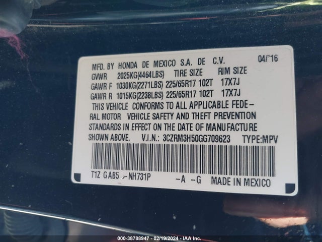 Honda CR-V EX 2016 3CZRM3H50GG709623 Image 9