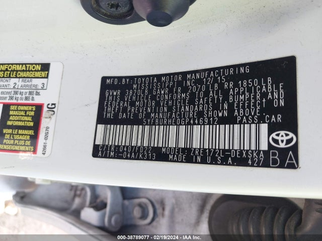 38789077 :رقم المزاد ، 5YFBURHE0GP446912 vin ، 2016 Toyota Corolla S مزاد بيع