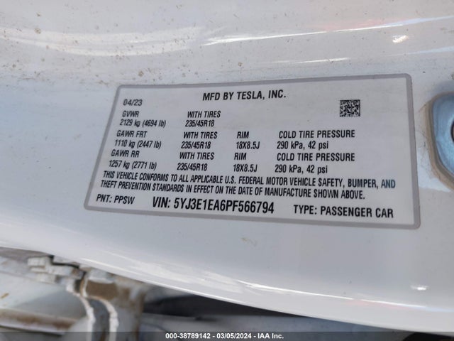 Tesla Model 3 Rear-wheel Drive 2023 5YJ3E1EA6PF566794 Image 9