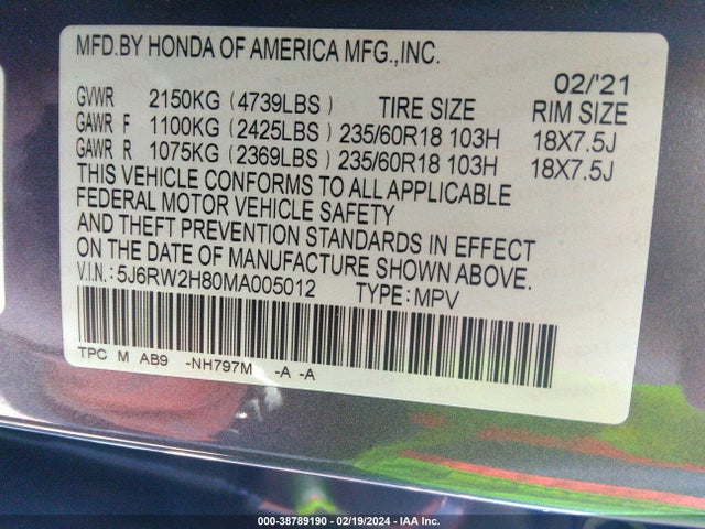 Honda Cr-v Awd Ex-l 2021 5J6RW2H80MA005012 Image 9