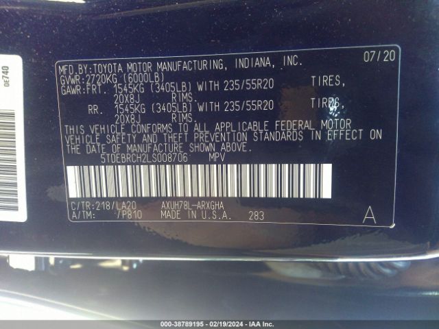 2020 TOYOTA HIGHLANDER 5TDEBRCH2LS008706 Photo 8