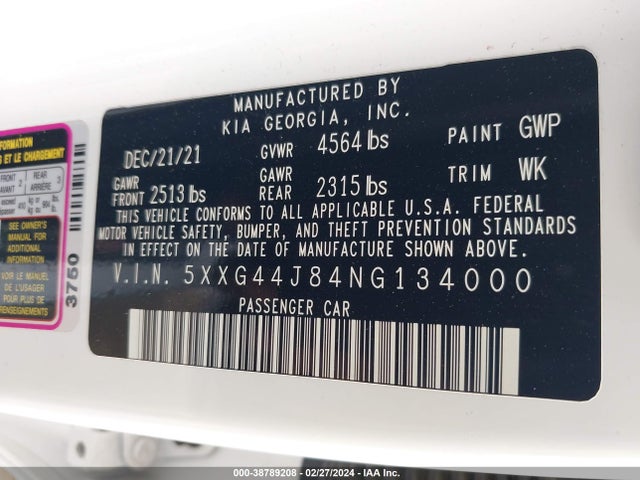 KIA K5 Gt 2022 5XXG44J84NG134000 Image 9