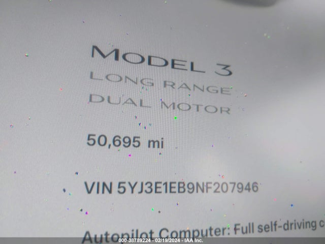 5YJ3E1EB9NF207946 Tesla Model 3 Long Range Dual Motor All-wheel Drive