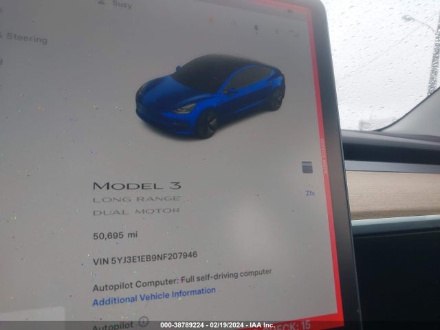 5YJ3E1EB9NF207946 Tesla Model 3 Long Range Dual Motor All-wheel Drive