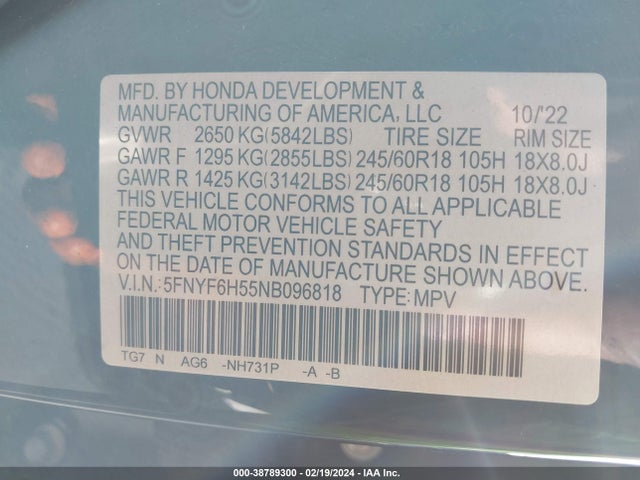 Honda Pilot Awd Ex-l 2022 5FNYF6H55NB096818 Image 9
