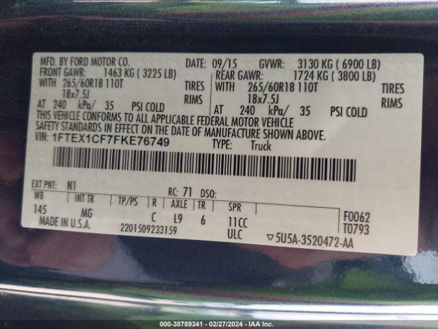 1FTEX1CF7FKE76749 Ford F-150 Xlt