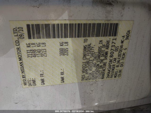 2011 NISSAN MAXIMA 3.5 SV VIN: 1N4AA5AP1BC807371