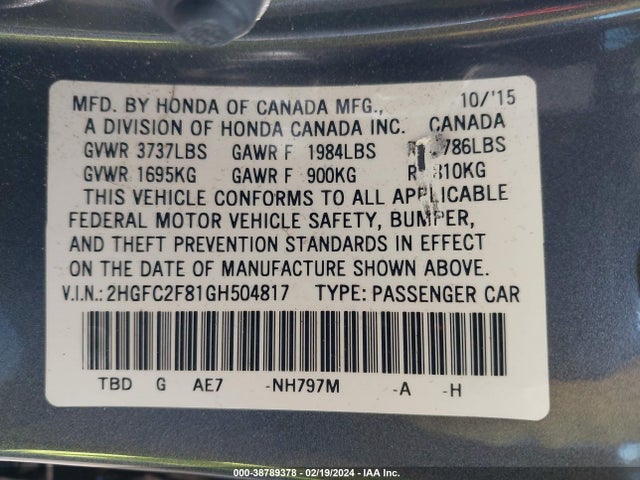 Honda CIVIC EX 2016 2HGFC2F81GH504817 Image 9