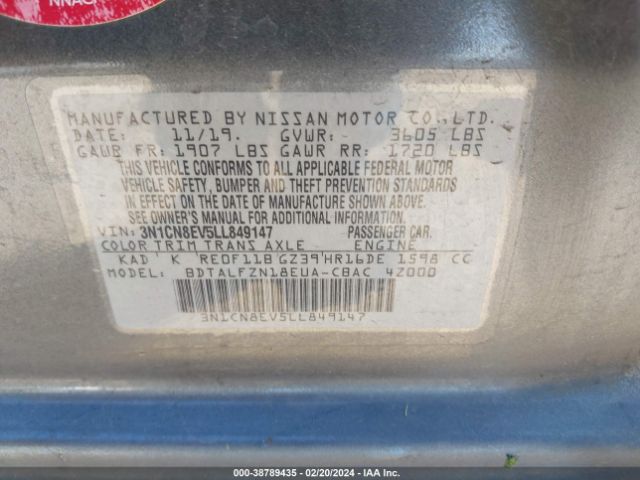 3N1CN8EV5LL849147 Nissan Versa Sv Xtronic Cvt