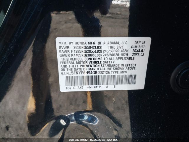 5FNYF6H94GB002126 Honda Pilot Touring
